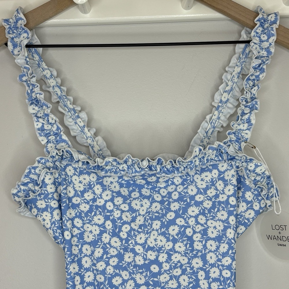 Lost +‎ Wander One Piece Swimsuit Retro Ditzy Floral Blue Ruffle Cut Out Beach - Picture 4 of 10